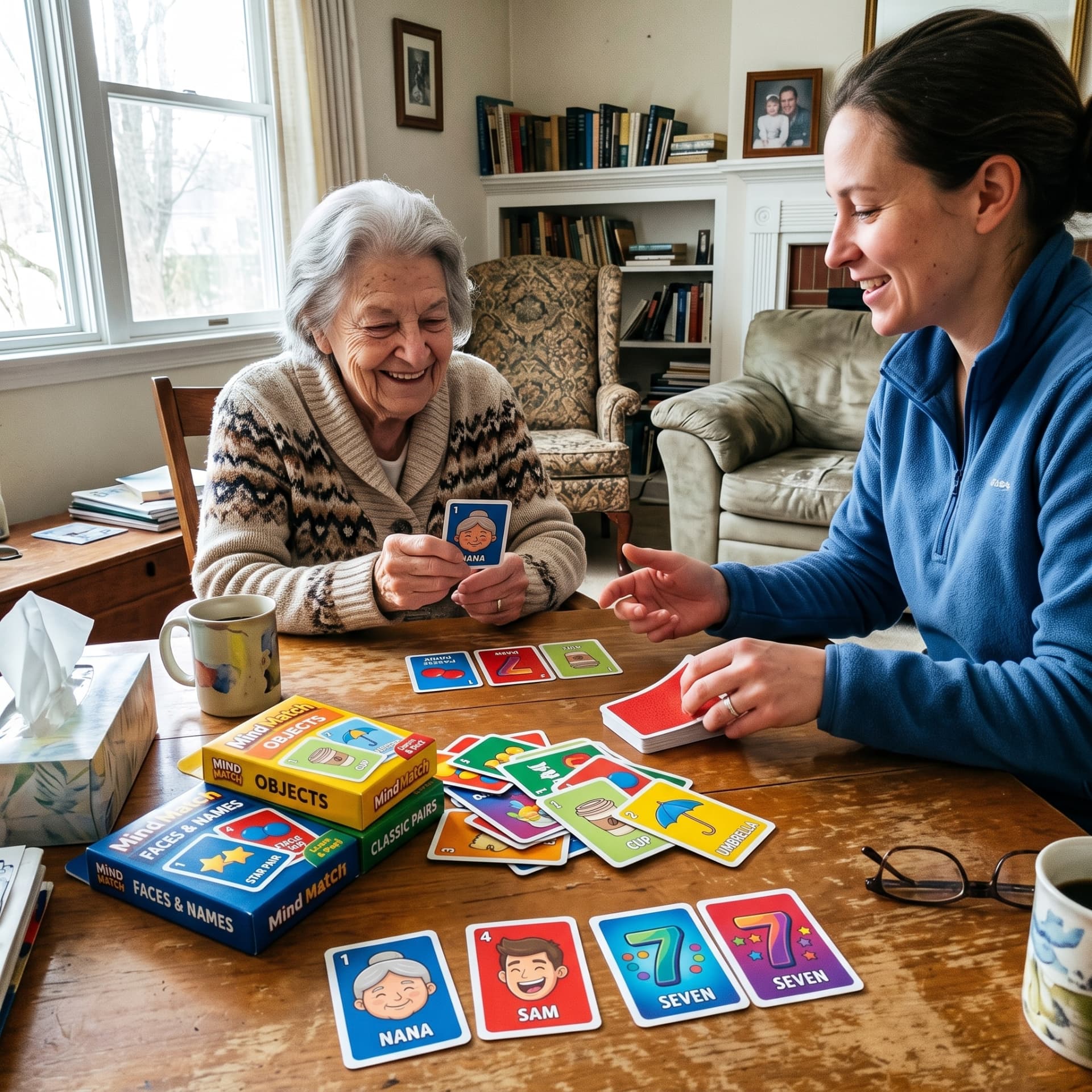 Caregiver playing Mind Match cards with an elderly woman at a living room table