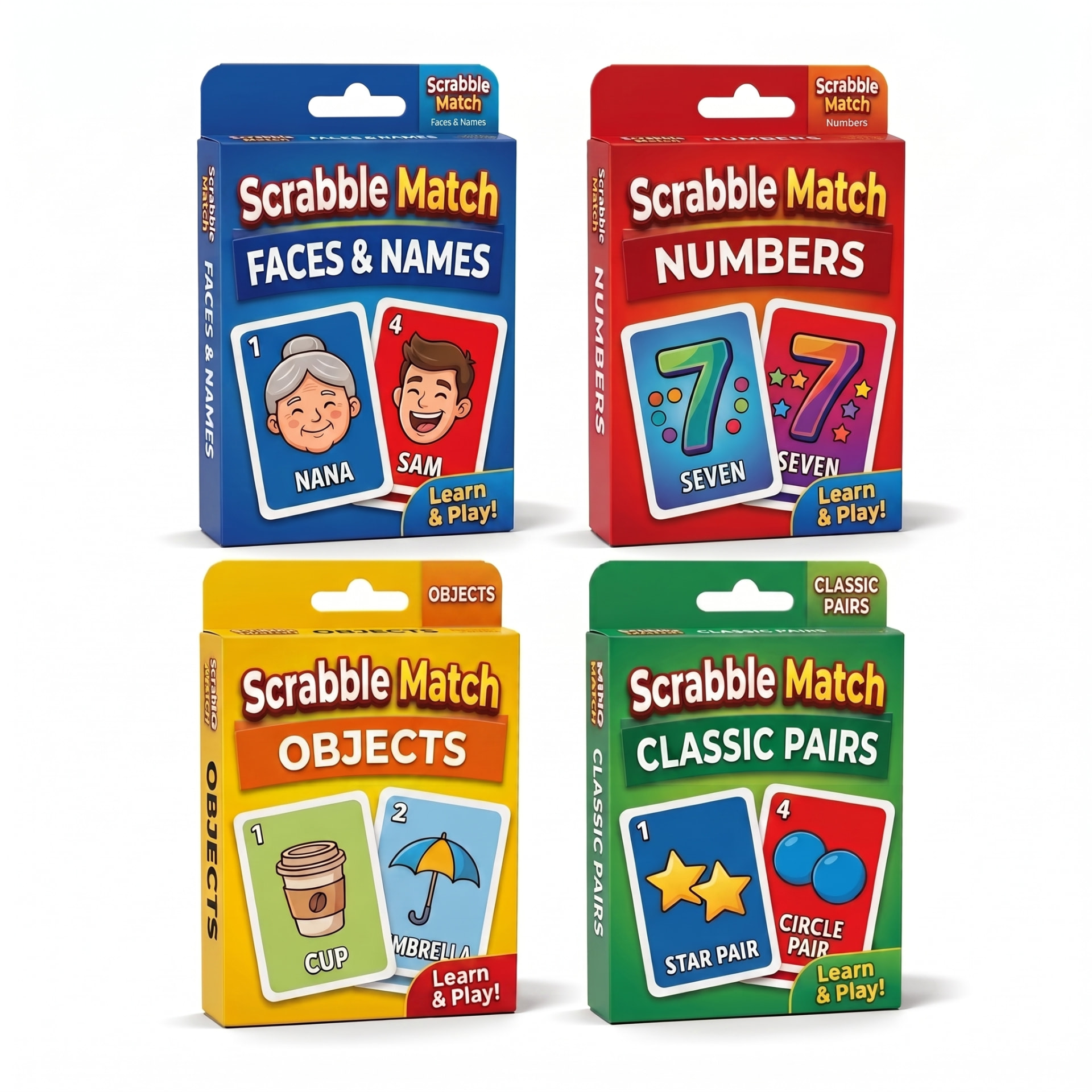 Close-up of the four Scrabble Match decks