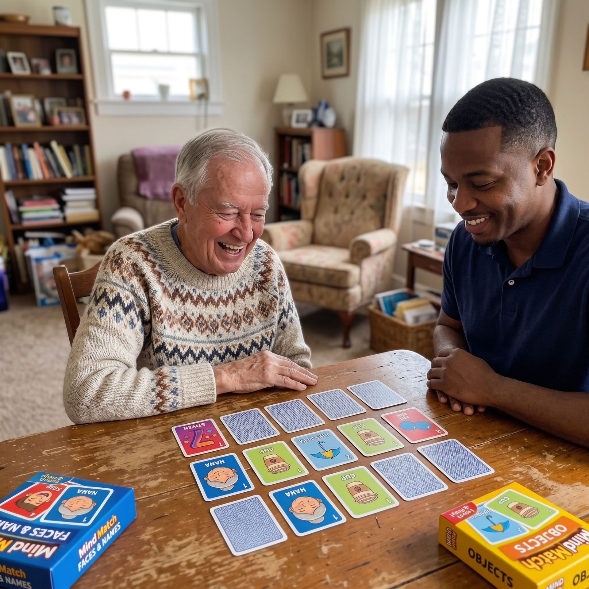 Caregiver playing Mind Match cards with an elderly man at a wooden table